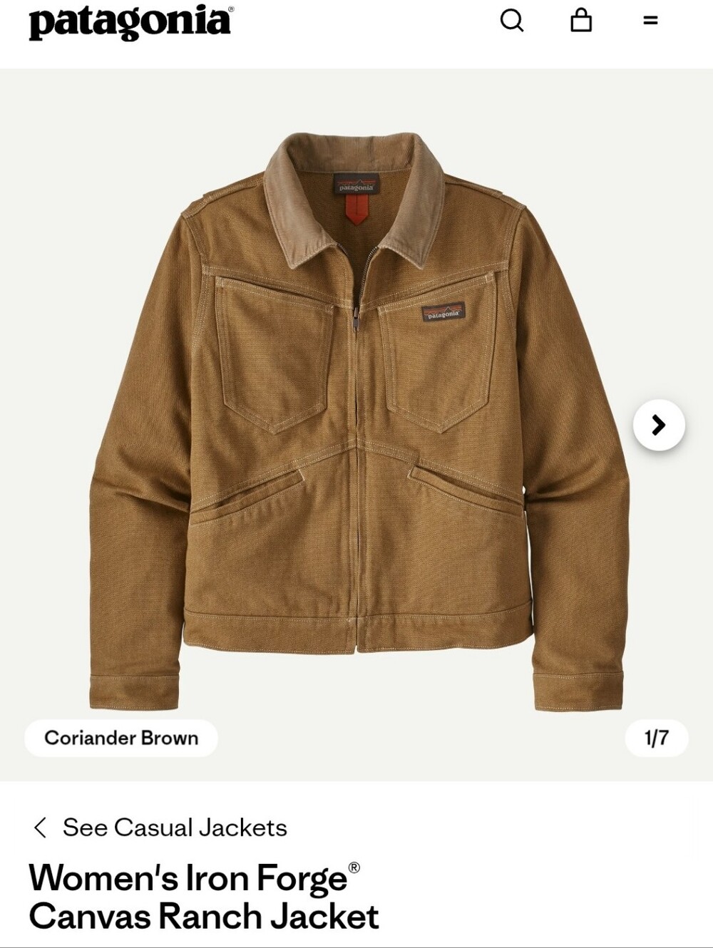Patagonia Women's Coriander Brown Iron Forge Canvas Ranch Jacket Size L